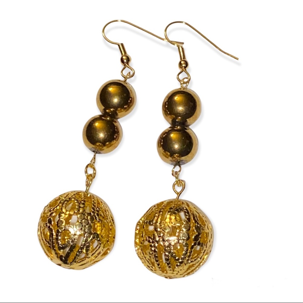 Hand Crafted Gold Earrings Filigree Long Dangle Handmade Jewelry Pierced - Picture 1 of 5